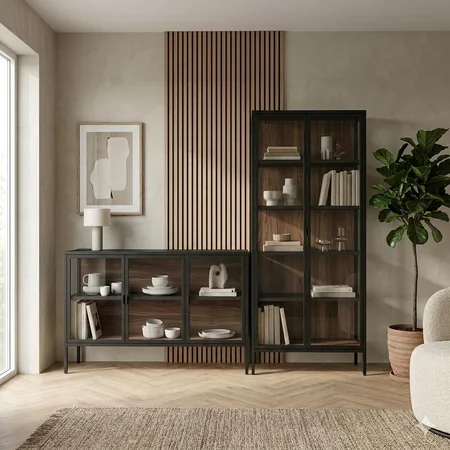 ויטרינה +מזנון מעוצבים בגוון שחור עם גב אגוז